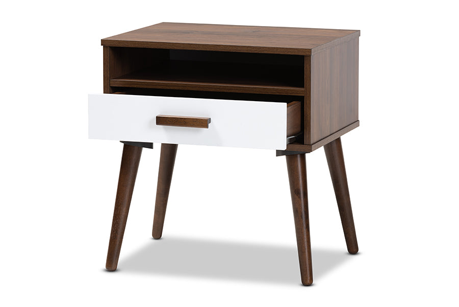 baxton studio quinn mid century modern two tone white and walnut finished 1 drawer wood end table | Modish Furniture Store-3