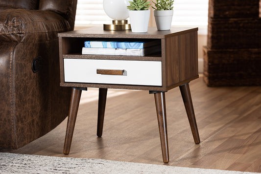 Baxton Studio Quinn Mid-Century Modern Two-Tone White and Walnut Finished 1-Drawer Wood End Table | Modishstore | End Tables