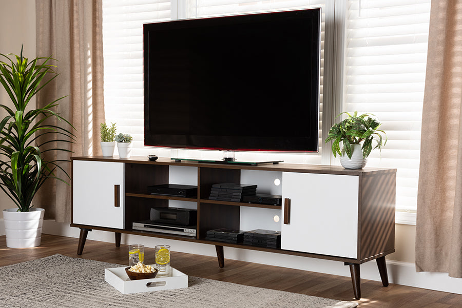 Baxton Studio Quinn Mid-Century Modern Two-Tone White and Walnut Finished 2-Door Wood TV Stand | Modishstore | TV Stands