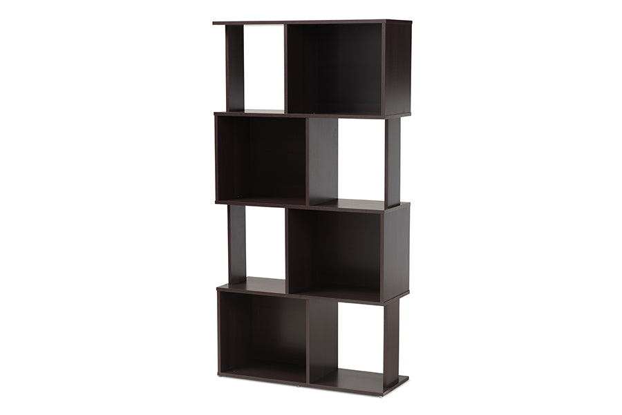 baxton studio riva modern and contemporary dark brown finished geometric wood bookshelf | Modish Furniture Store-2