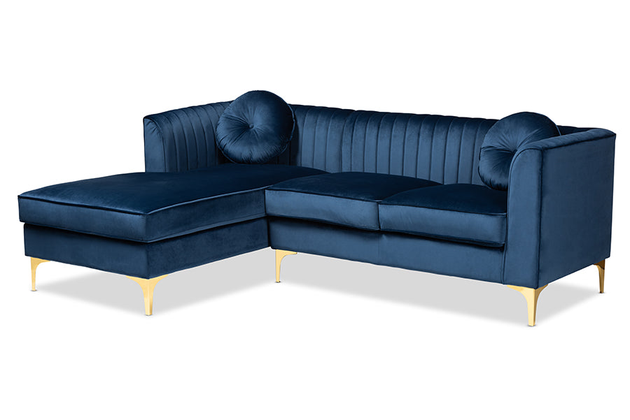baxton studio giselle glam and luxe navy blue velvet fabric upholstered mirrored gold finished left facing sectional sofa with chaise | Modish Furniture Store-2