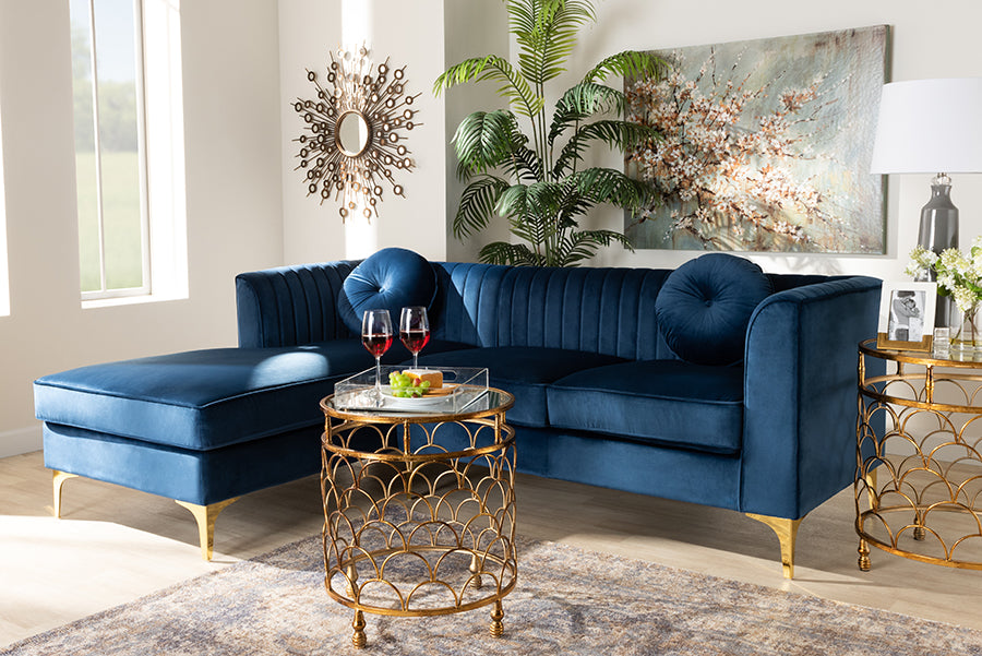 Baxton Studio Giselle Glam and Luxe Navy Blue Velvet Fabric Upholstered Mirrored Gold Finished Left Facing Sectional Sofa with Chaise | Modishstore | Sofas