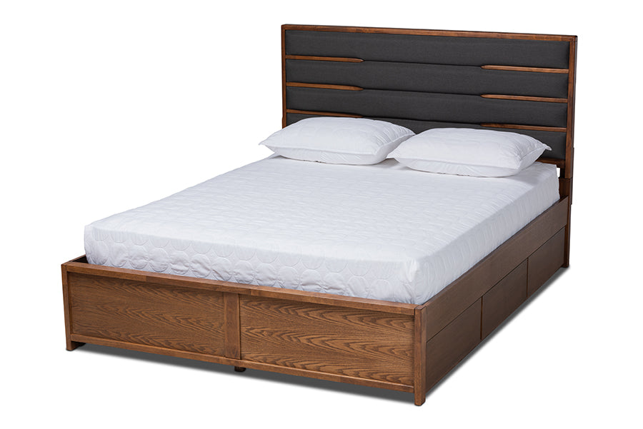 baxton studio elin modern and contemporary dark grey fabric upholstered walnut finished wood queen size platform storage bed with six drawers | Modish Furniture Store-2