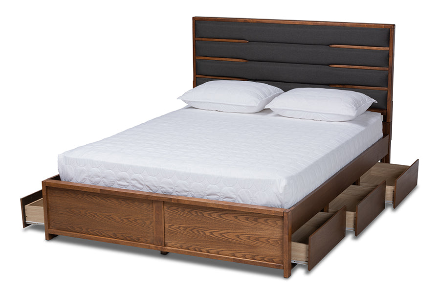 baxton studio elin modern and contemporary dark grey fabric upholstered walnut finished wood king size platform storage bed with six drawers | Modish Furniture Store-3