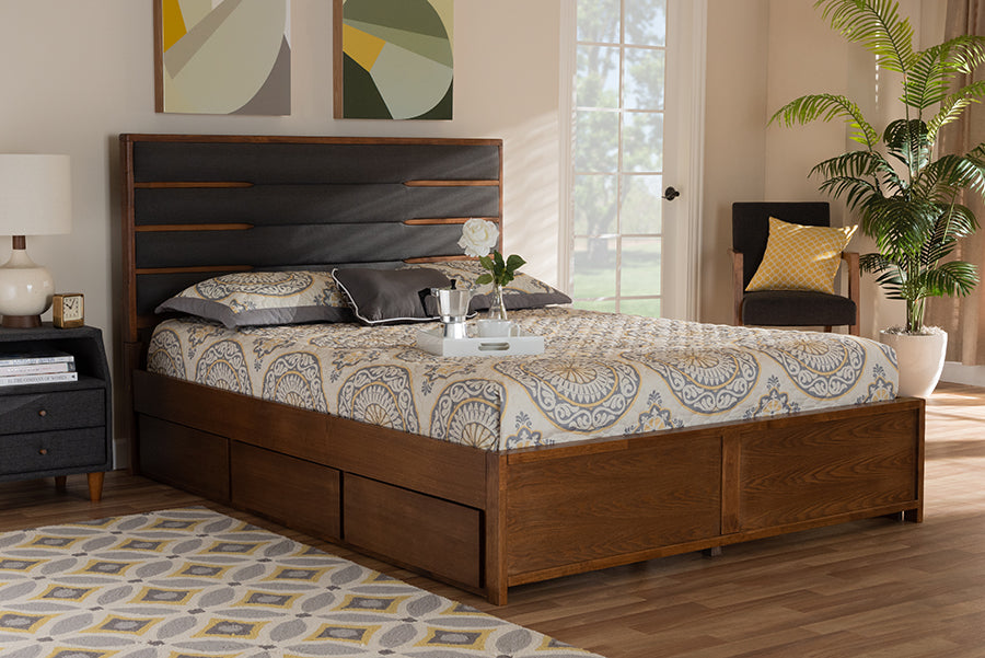 Baxton Studio Elin Modern and Contemporary Dark Grey Fabric Upholstered Walnut Finished Wood King Size Platform Storage Bed with Six Drawers | Modishstore | Beds