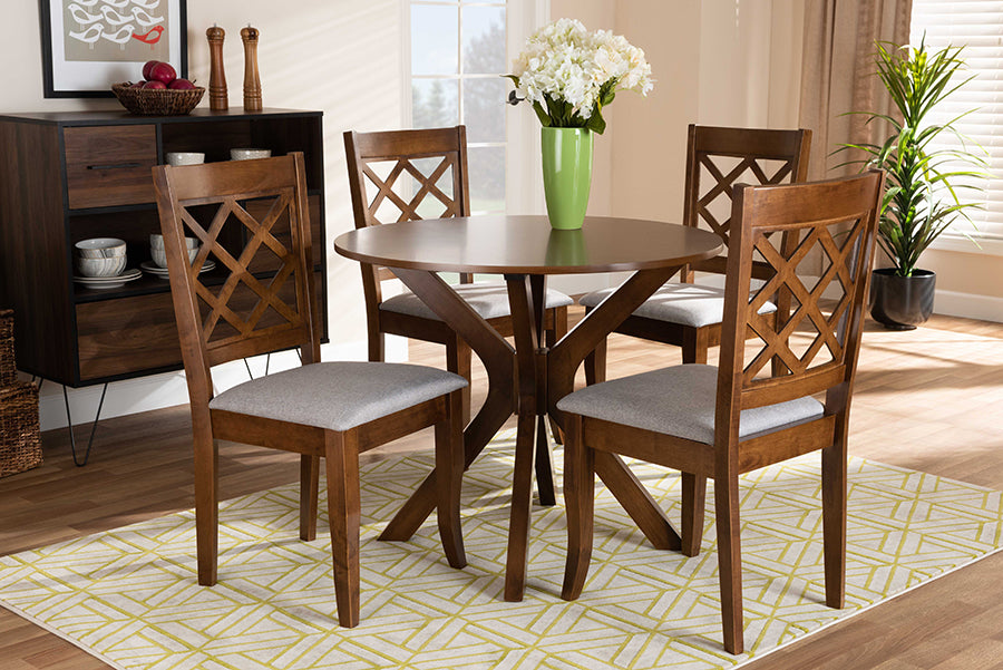 Baxton Studio Jana Modern and Contemporary Grey Fabric Upholstered and Walnut Brown Finished Wood 5-Piece Dining Set | Modishstore | Dining Sets