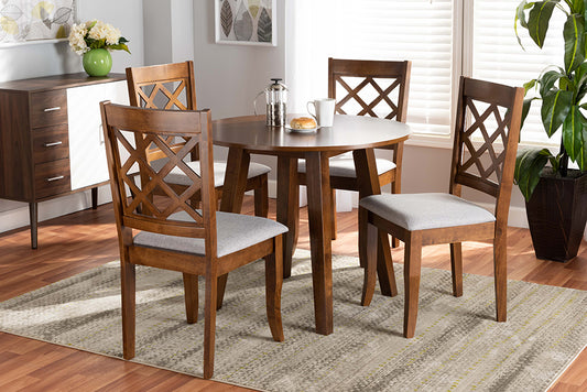 Baxton Studio Adara Modern and Contemporary Grey Fabric Upholstered and Walnut Brown Finished Wood 5-Piece Dining Set | Modishstore | Dining Sets