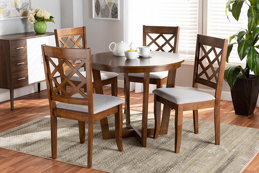 Baxton Studio Dayna Modern and Contemporary Grey Fabric Upholstered and Walnut Brown Finished Wood 5-Piece Dining Set | Modishstore | Dining Sets