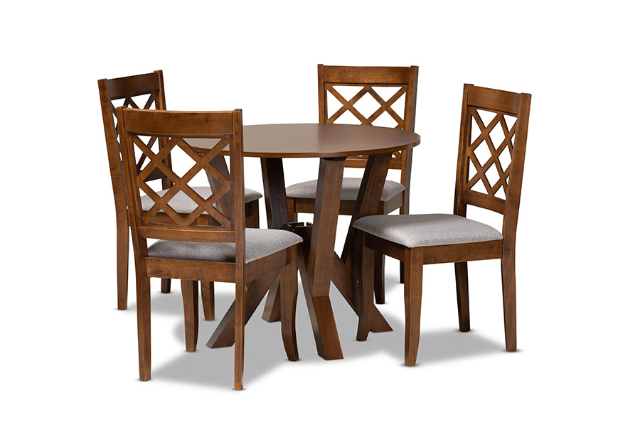 baxton studio zoe modern and contemporary grey fabric upholstered and walnut brown finished wood 5 piece dining set | Modish Furniture Store-2