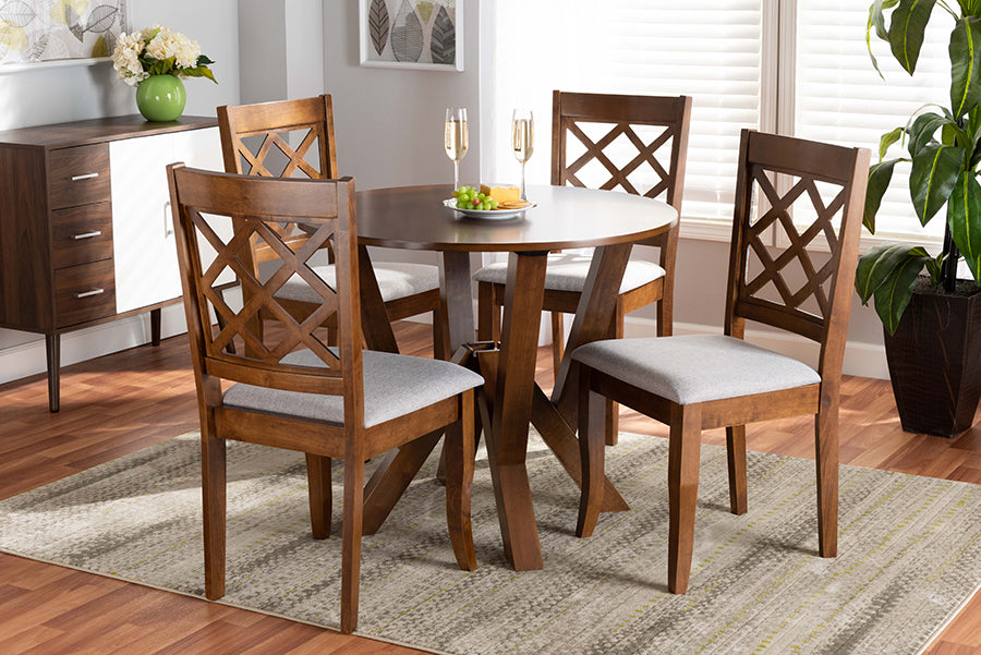 Baxton Studio Zoe Modern and Contemporary Grey Fabric Upholstered and Walnut Brown Finished Wood 5-Piece Dining Set | Modishstore | Dining Sets