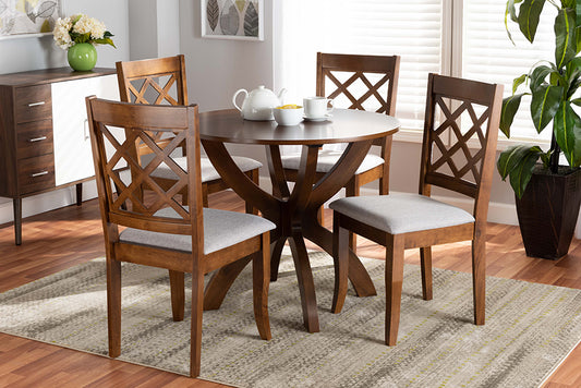 Baxton Studio Beth Modern and Contemporary Grey Fabric Upholstered and Walnut Brown Finished Wood 5-Piece Dining Set | Modishstore | Dining Sets