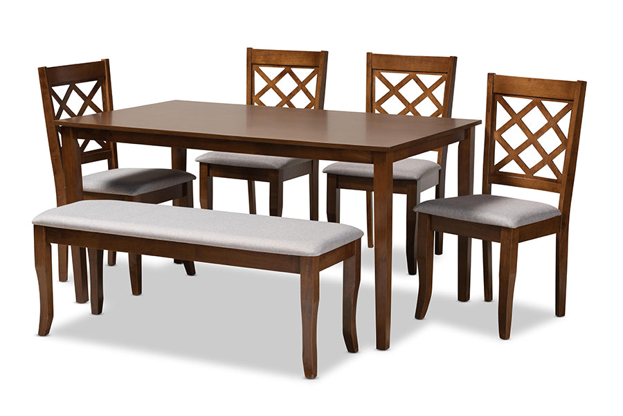 baxton studio andor modern and contemporary grey fabric upholstered and walnut brown finished wood 6 piece dining set | Modish Furniture Store-2