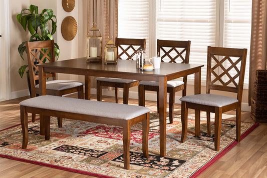 Baxton Studio Andor Modern and Contemporary Grey Fabric Upholstered and Walnut Brown Finished Wood 6-Piece Dining Set | Modishstore | Dining Sets