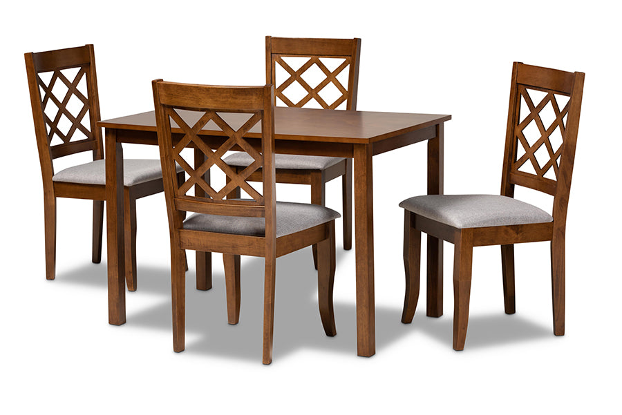 baxton studio sari modern and contemporary grey fabric upholstered and walnut brown finished wood 5 piece dining set | Modish Furniture Store-2
