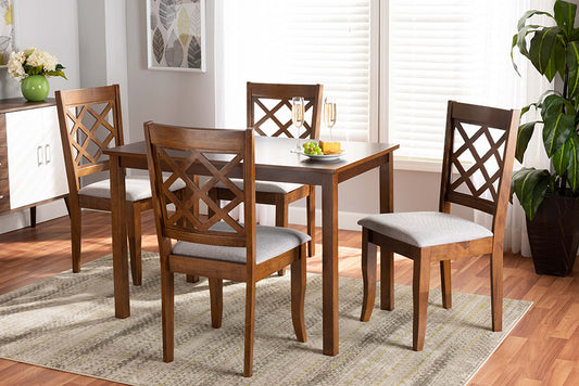 Baxton Studio Sari Modern and Contemporary Grey Fabric Upholstered and Walnut Brown Finished Wood 5-Piece Dining Set | Modishstore | Dining Sets