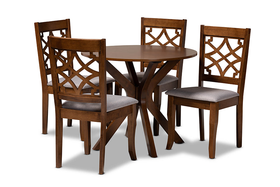 baxton studio elena modern and contemporary grey fabric upholstered and walnut brown finished wood 5 piece dining set | Modish Furniture Store-2