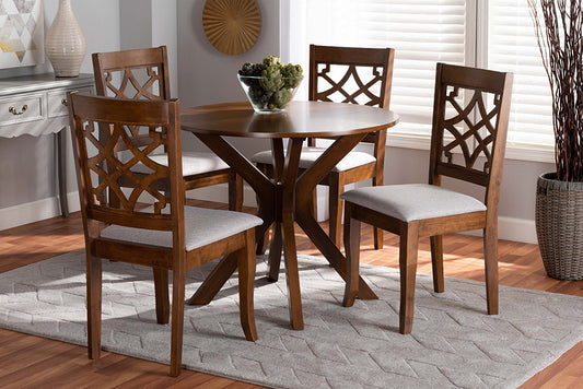 Baxton Studio Elena Modern and Contemporary Grey Fabric Upholstered and Walnut Brown Finished Wood 5-Piece Dining Set | Modishstore | Dining Sets