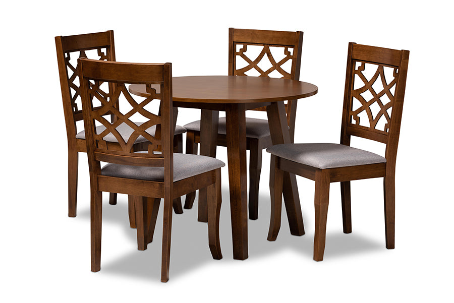 baxton studio mya modern and contemporary grey fabric upholstered and walnut brown finished wood 5 piece dining set | Modish Furniture Store-2