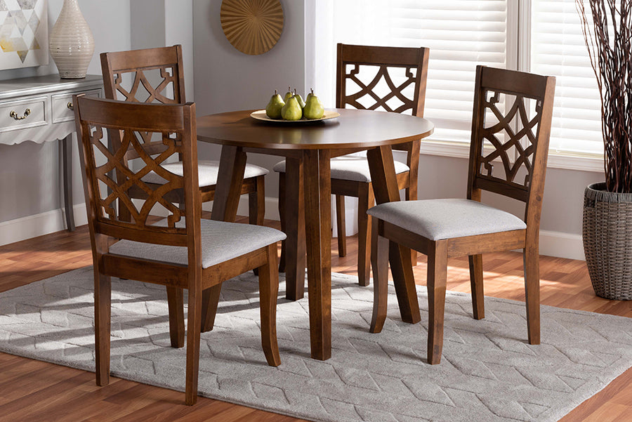 Baxton Studio Mya Modern and Contemporary Grey Fabric Upholstered and Walnut Brown Finished Wood 5-Piece Dining Set | Modishstore | Dining Sets