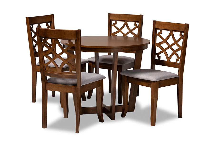 baxton studio tricia modern and contemporary grey fabric upholstered and walnut brown finished wood 5 piece dining set | Modish Furniture Store-2