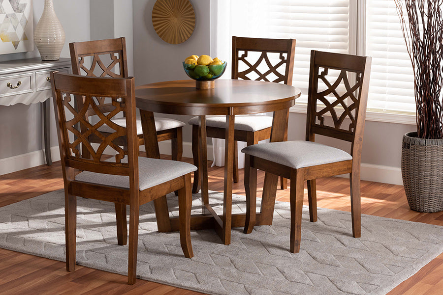 Baxton Studio Tricia Modern and Contemporary Grey Fabric Upholstered and Walnut Brown Finished Wood 5-Piece Dining Set | Modishstore | Dining Sets