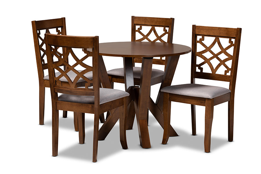 baxton studio alisa modern and contemporary grey fabric upholstered and walnut brown finished wood 5 piece dining set | Modish Furniture Store-2