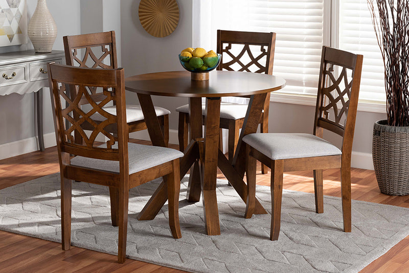 Baxton Studio Alisa Modern and Contemporary Grey Fabric Upholstered and Walnut Brown Finished Wood 5-Piece Dining Set | Modishstore | Dining Sets