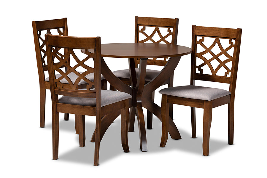 baxton studio sandra modern and contemporary grey fabric upholstered and walnut brown finished wood 5 piece dining set | Modish Furniture Store-2