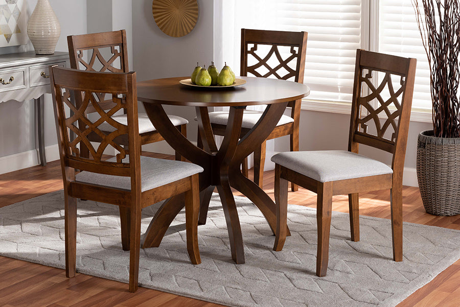 Baxton Studio Sandra Modern and Contemporary Grey Fabric Upholstered and Walnut Brown Finished Wood 5-Piece Dining Set | Modishstore | Dining Sets