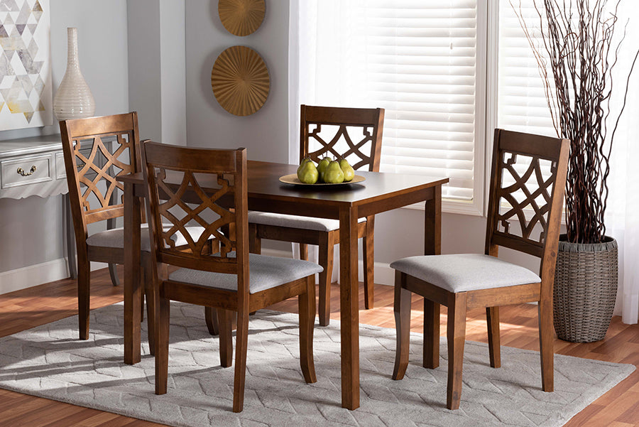 Baxton Studio Celina Modern and Contemporary Grey Fabric Upholstered and Walnut Brown Finished Wood 5-Piece Dining Set | Modishstore | Dining Sets