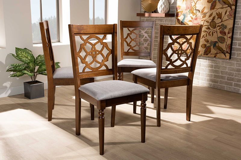 Baxton Studio Lylah Modern and Contemporary Grey Fabric Upholstered and Walnut Brown Finished Wood 4-Piece Dining Chair Set | Modishstore | Dining Chairs