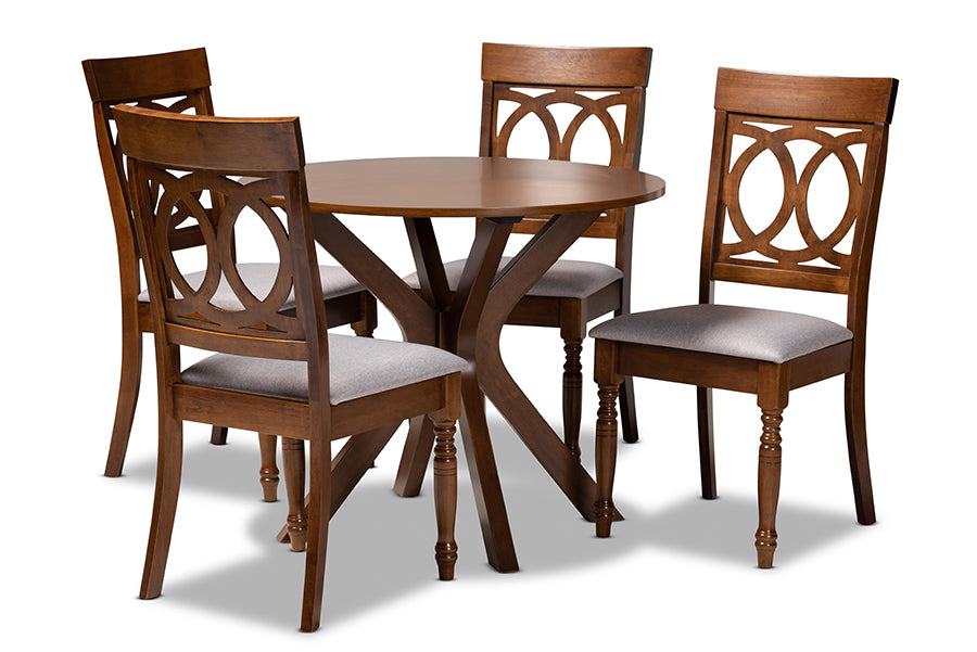 baxton studio jessie modern and contemporary grey fabric upholstered and walnut brown finished wood 5 piece dining set | Modish Furniture Store-2