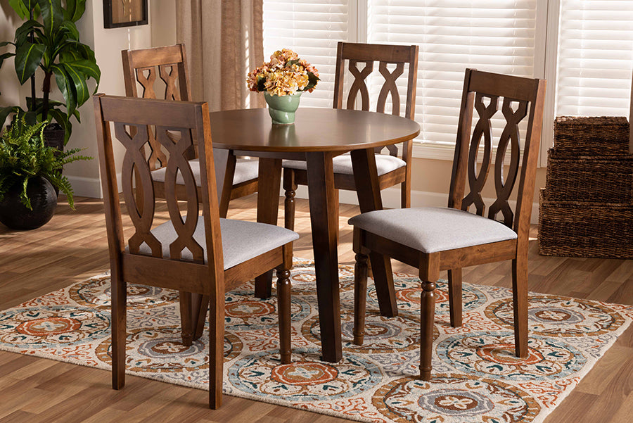 Baxton Studio Pia Modern and Contemporary Grey Fabric Upholstered and Walnut Brown Finished Wood 5-Piece Dining Set | Modishstore | Dining Sets