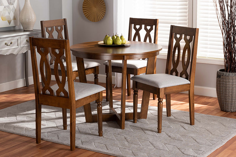 Baxton Studio Julie Modern and Contemporary Grey Fabric Upholstered and Walnut Brown Finished Wood 5-Piece Dining Set | Modishstore | Dining Sets