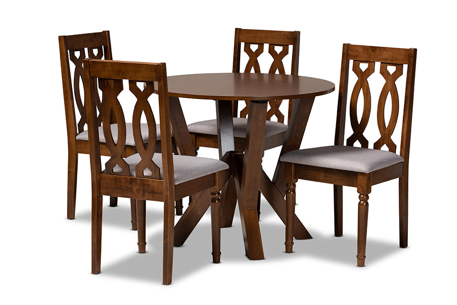 baxton studio elaine modern and contemporary grey fabric upholstered and walnut brown finished wood 5 piece dining set | Modish Furniture Store-2