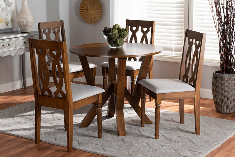 Baxton Studio Elaine Modern and Contemporary Grey Fabric Upholstered and Walnut Brown Finished Wood 5-Piece Dining Set | Modishstore | Dining Sets