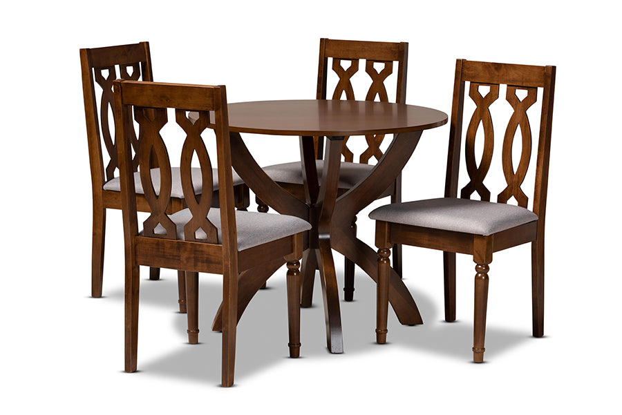 baxton studio mona modern and contemporary grey fabric upholstered and walnut brown finished wood 5 piece dining set | Modish Furniture Store-2