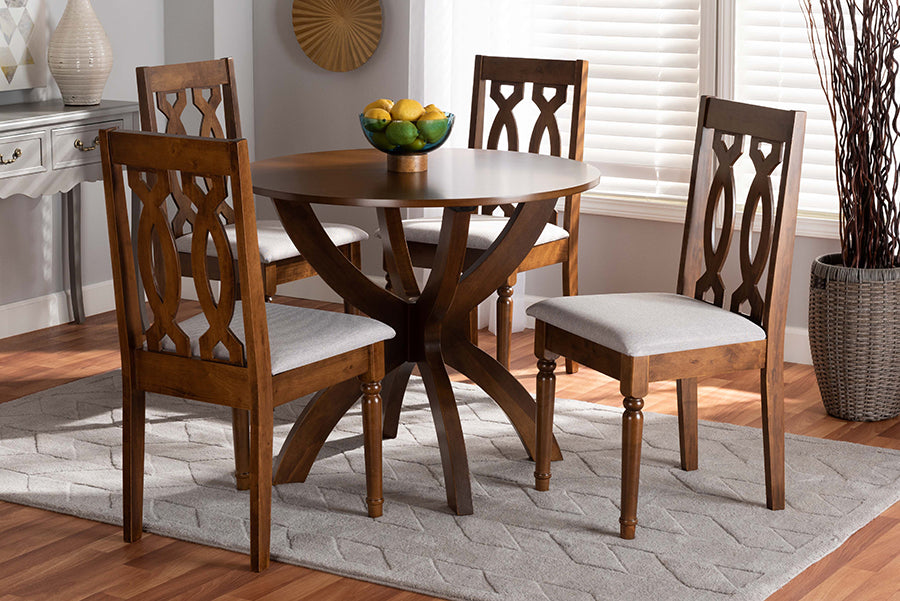 Baxton Studio Mona Modern and Contemporary Grey Fabric Upholstered and Walnut Brown Finished Wood 5-Piece Dining Set | Modishstore | Dining Sets