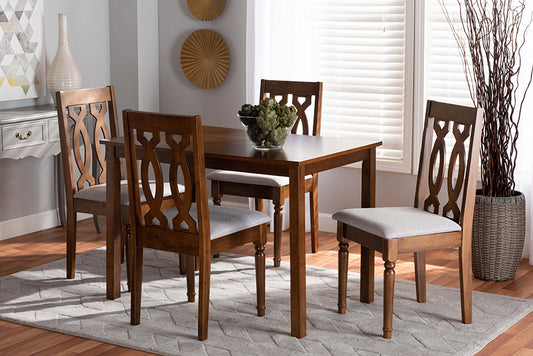 Baxton Studio Kasia Modern and Contemporary Grey Fabric Upholstered and Walnut Brown Finished Wood 5-Piece Dining Set | Modishstore | Dining Sets