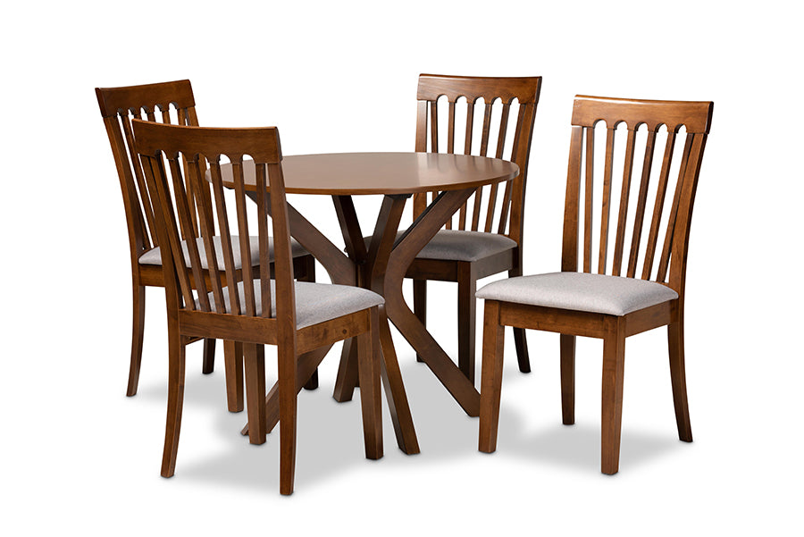 baxton studio lore modern and contemporary grey fabric upholstered and walnut brown finished wood 5 piece dining set | Modish Furniture Store-2