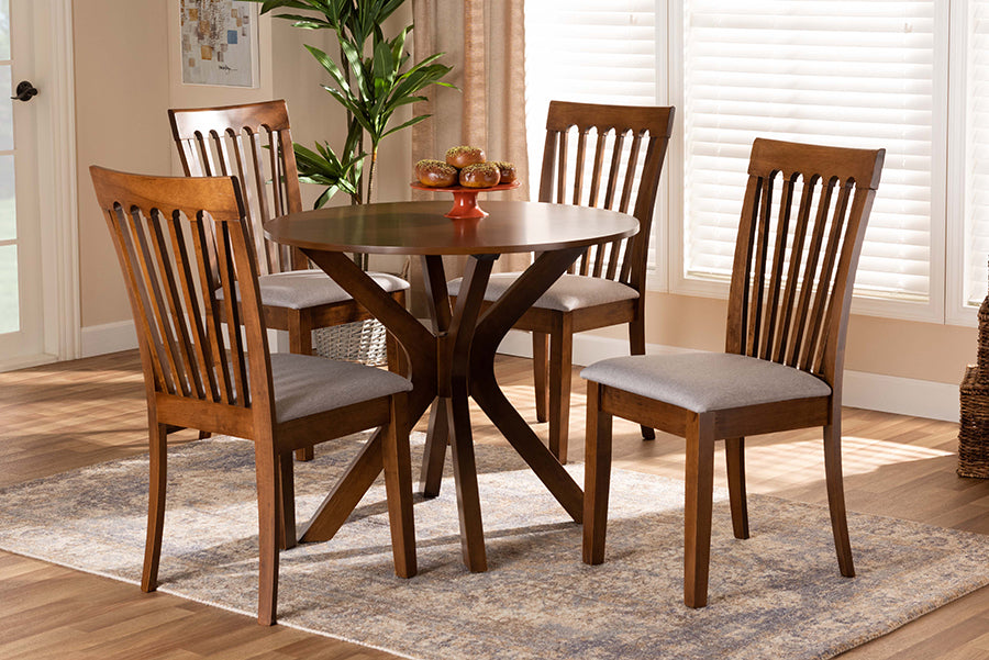 Baxton Studio Lore Modern and Contemporary Grey Fabric Upholstered and Walnut Brown Finished Wood 5-Piece Dining Set | Modishstore | Dining Sets