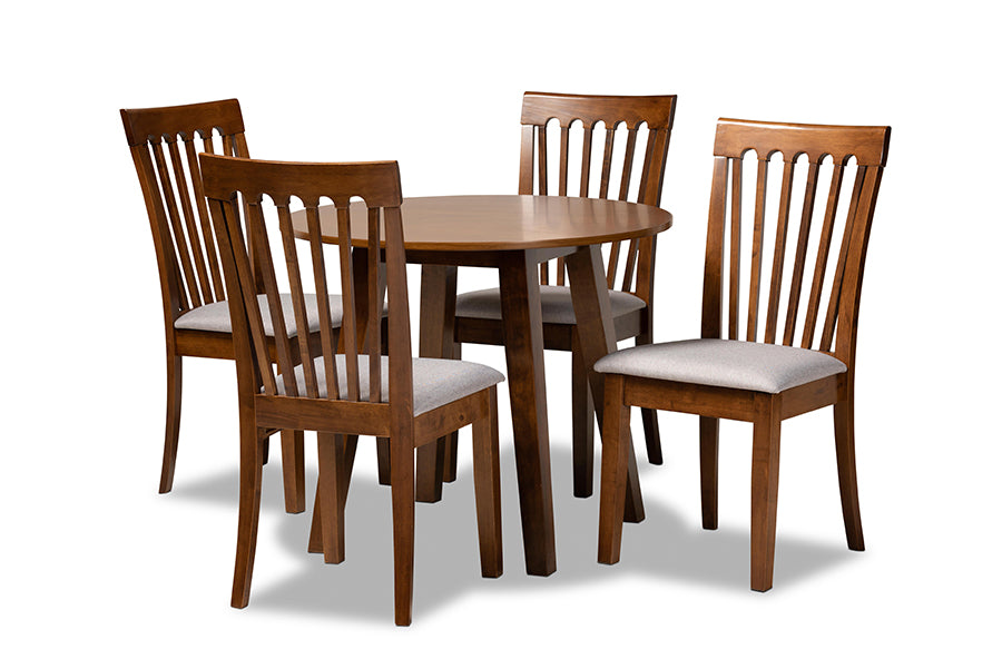 baxton studio lida modern and contemporary grey fabric upholstered and walnut brown finished wood 5 piece dining set | Modish Furniture Store-2