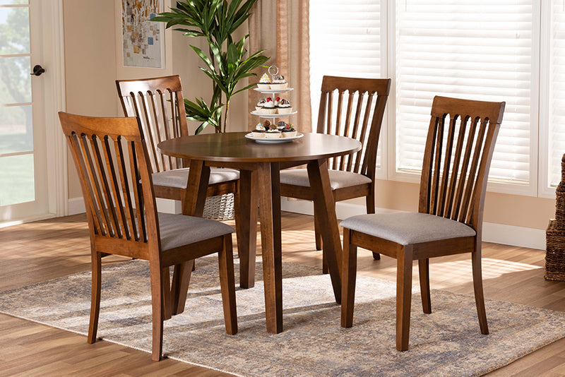 Baxton Studio Lida Modern and Contemporary Grey Fabric Upholstered and Walnut Brown Finished Wood 5-Piece Dining Set | Modishstore | Dining Sets