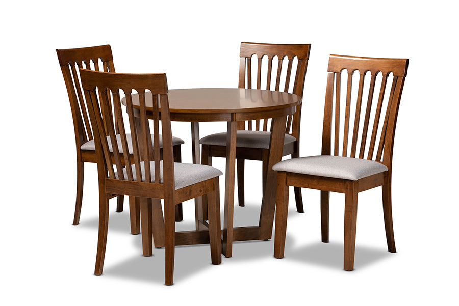 baxton studio andi modern and contemporary grey fabric upholstered and walnut brown finished wood 5 piece dining set | Modish Furniture Store-2