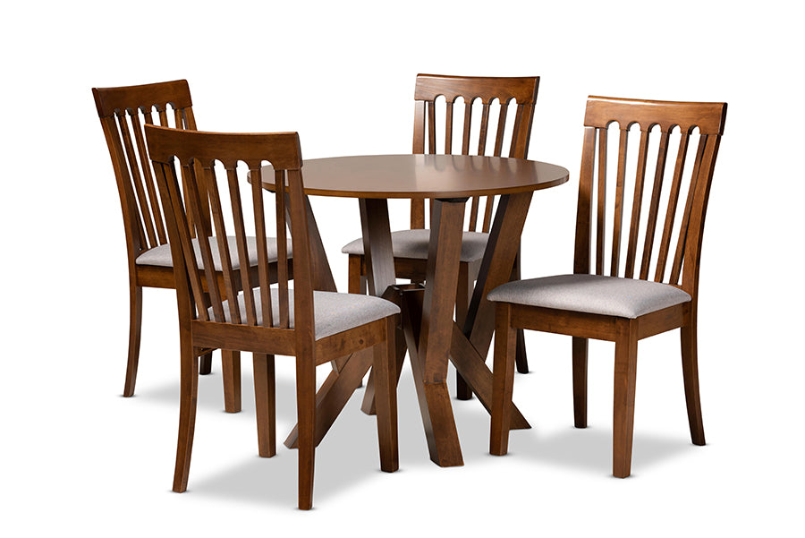 baxton studio marian modern and contemporary grey fabric upholstered and walnut brown finished wood 5 piece dining set | Modish Furniture Store-2