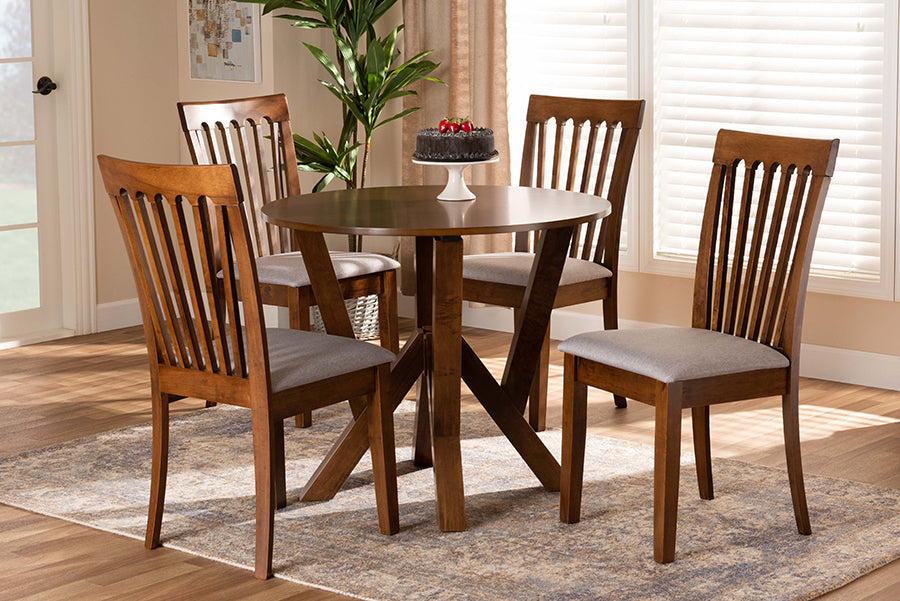 Baxton Studio Marian Modern and Contemporary Grey Fabric Upholstered and Walnut Brown Finished Wood 5-Piece Dining Set | Modishstore | Dining Sets