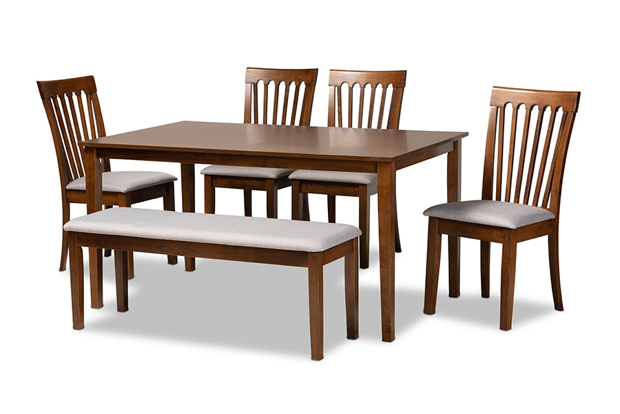 baxton studio minette modern and contemporary grey fabric upholstered and walnut brown finished wood 6 piece dining set | Modish Furniture Store-2