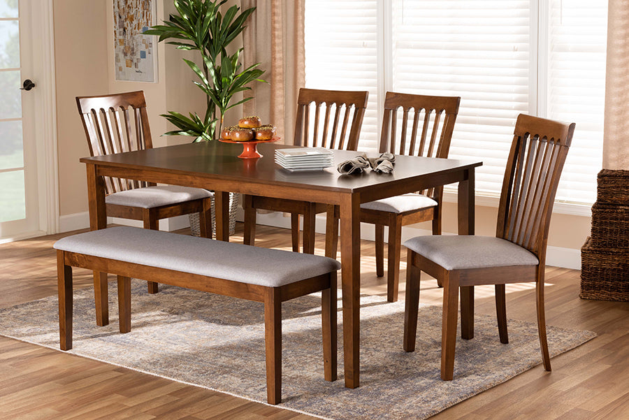 Baxton Studio Minette Modern and Contemporary Grey Fabric Upholstered and Walnut Brown Finished Wood 6-Piece Dining Set | Modishstore | Dining Sets