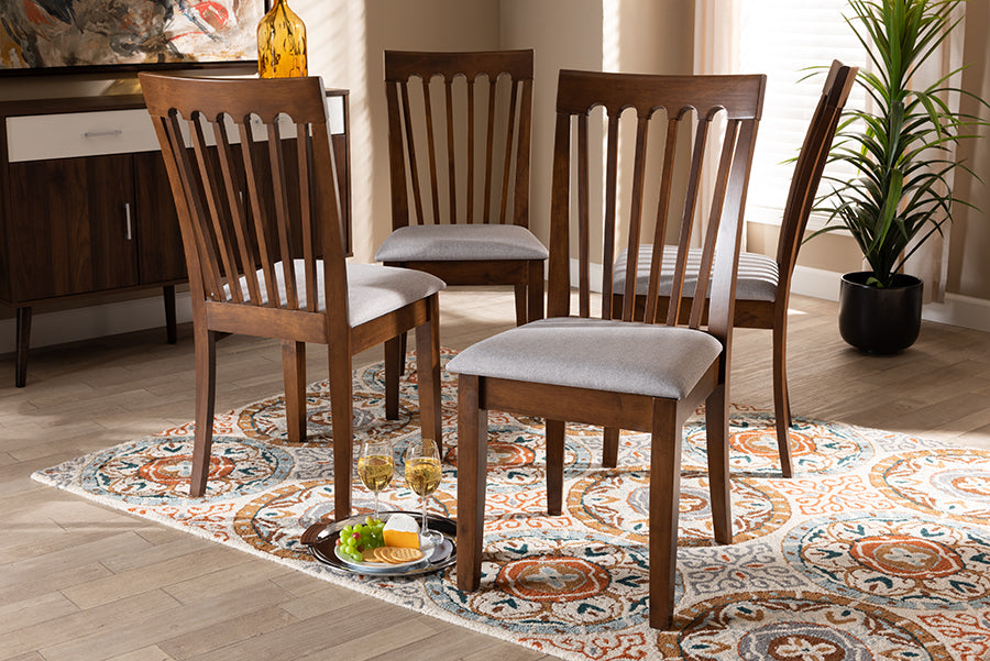 Baxton Studio Minette Modern and Contemporary Grey Fabric Upholstered Walnut Brown Finished Wood Dining Chair Set | Modishstore | Dining Chairs