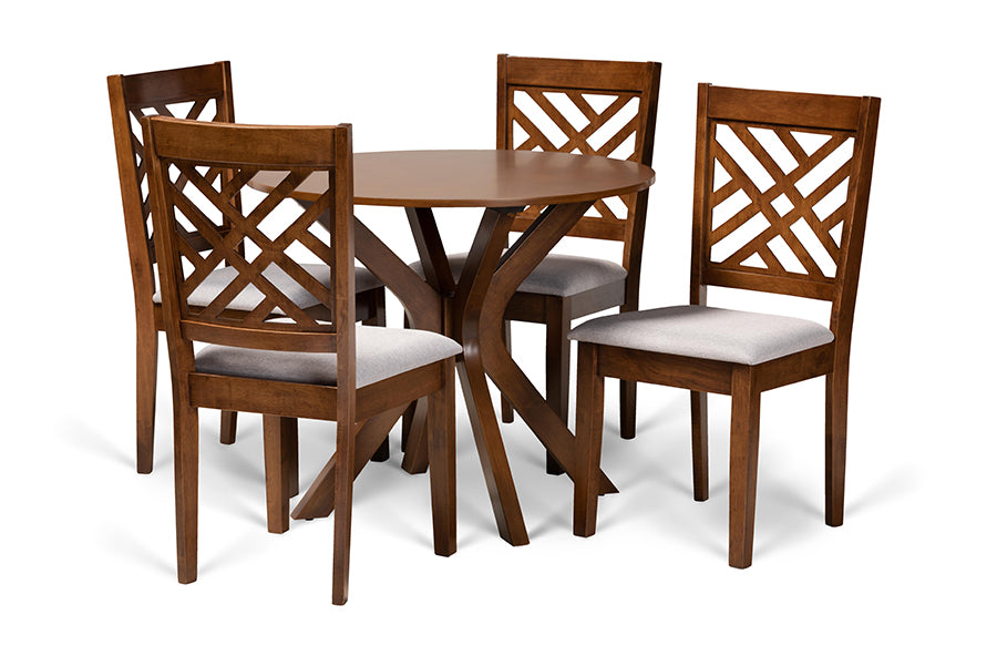 baxton studio norah modern and contemporary grey fabric upholstered and walnut brown finished wood 5 piece dining set | Modish Furniture Store-2